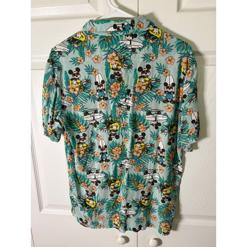 Disney Mickey Mouse Tropical Aloha Shirt Mens Small Blue Mad Engine Rayon Floral - Picture 4 of 6